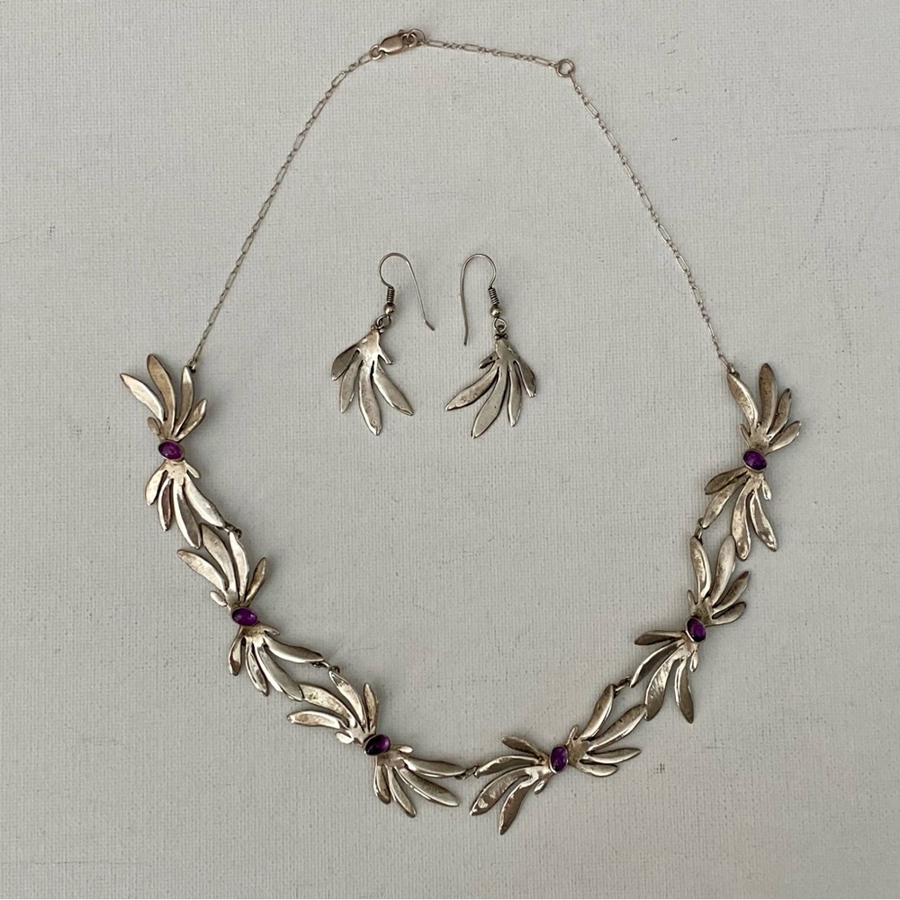 Sterling Silver Necklace & Earring Set with Natural Amethyst Stones - Picture 5 of 12